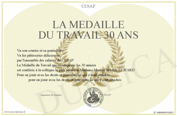 diplome 30 ans de travail